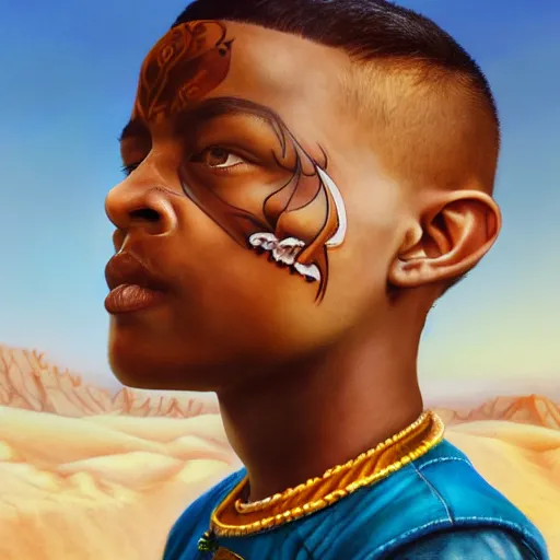 Image similar to a detailed portrait of a boy with a face tattoo in the desert, fantasy art illustration, incredibly highly detailed and realistic, 8 k, sharp focus