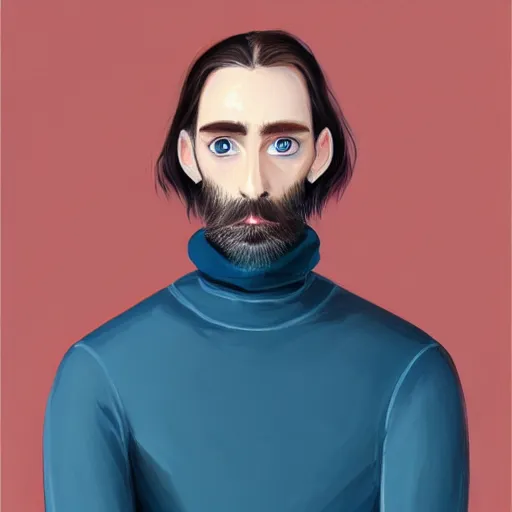 Image similar to gangly man with short dark blond wavy hair, dark blond trimmed beard, English heritage, blue eyes, middle aged, wearing a turtleneck and jacket, pale skin, narrow face, digital art, painterly, cartoon, cute, 8k, illustration, art by loish, painterly, trending on artstation, medium shot, uncropped