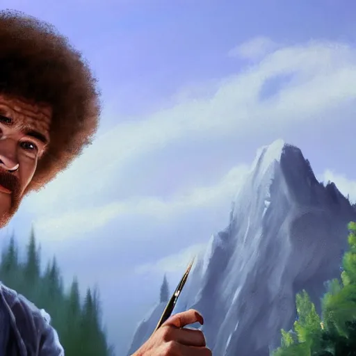 Image similar to a closeup photorealistic photograph of bob ross working on a canvas painting of spiderman. film still. brightly lit scene. mountains and trees. this 4 k hd image is trending on artstation, featured on behance, well - rendered, extra crisp, features intricate detail, epic composition and the style of unreal engine.