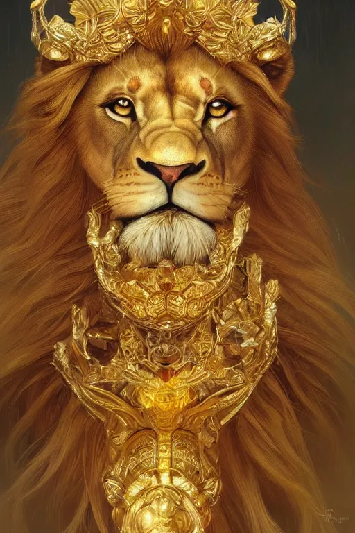 Image similar to a beautiful lion, gold jewellery, dnd, fantasy, intricate, elegant, highly detailed, digital painting, artstation, concept art, smooth, sharp focus, illustration, art by artgerm and greg rutkowski and alphonse mucha