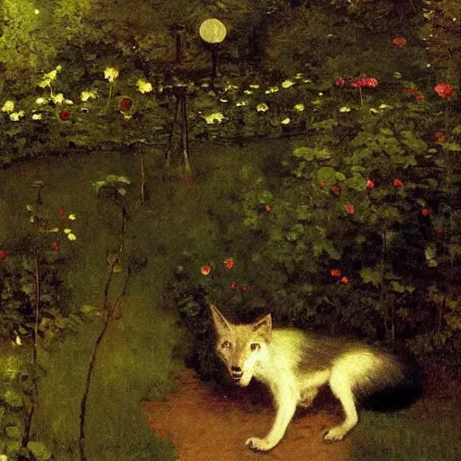 Prompt: a beautiful painting by George Inness and going door to door with Edouard Manet and Evard Munch, #micro, flat shading, An art deco luminus fuzzy otherworldly witch's garden rectangle jackal rum