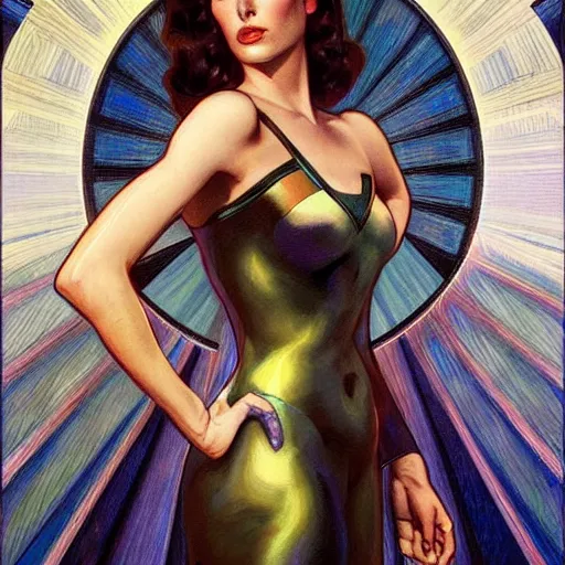 Image similar to a streamline moderne painting of gal gadot in the style of donato giancola, and in the style of charlie bowater, and in the style of alphonse mucha. symmetry, smooth, sharp focus, semi - realism, intricate detail.