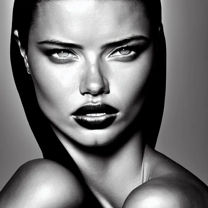 Image similar to photography face portrait of a beautiful woman like adriana lima, black and white photography portrait, skin grain detail, high fashion, studio lighting film noir style photography, on a tropical wallpaper leaves patern background by richard avedon, and paolo roversi, nick knight, hellmut newton,