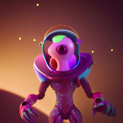 Image similar to photography of a futuristic space clown, in an colorful alien planet, ultra detail, beautiful light, high detail, 8 k, f / 2. 8, octane render