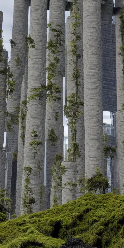 Prompt: tall and slender concrete towers emerge out of the black gravel. Moss and ferns grow from heavily eroded crevices in the towers. The towers are clustered very close together and stand straight and tall. The towers have 50 floors.