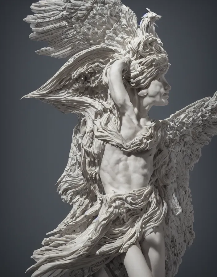 Prompt: biomechanical wear of a falling man in the form of a Greek sculpture Winged Victory of Samothrace with wings and skulls. white plastic. baroque elements, human skull, jellyfish, butterfly, phoenix head. burning water. intricate artwork. halo. octane render, cinematic, hyper realism, octane render, 8k, depth of field, bokeh. iridescent accents. vibrant. teal and gold and red colour scheme