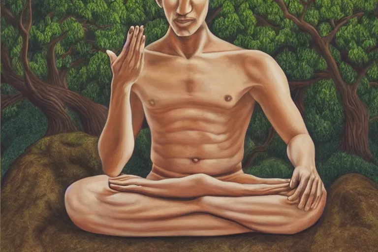 Prompt: painting of a peaceful man meditating under a tree by alex grey, acrylic art, calm, soothing, cosy, elegant, soft light,