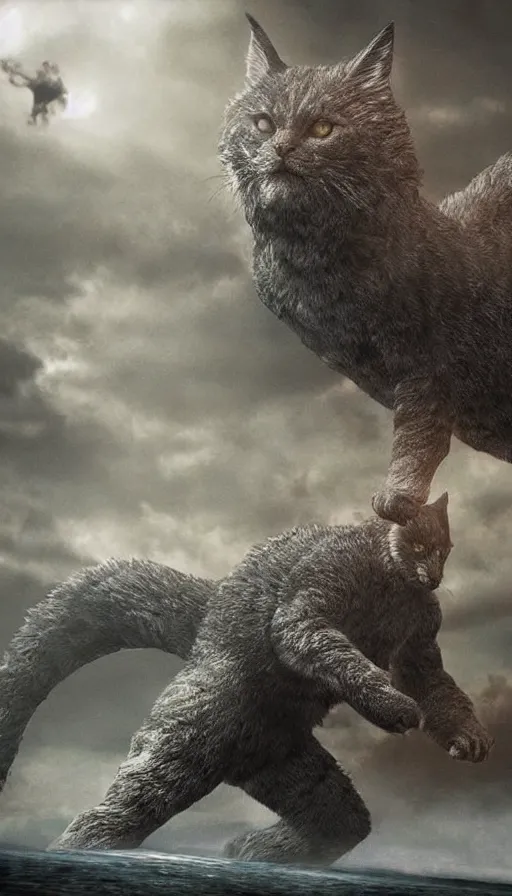 Image similar to hundreds of people running away from the giant catzilla. epic, blockbuster, trending on artstation. realistic cinematography, photorealistic, photography, wide shot