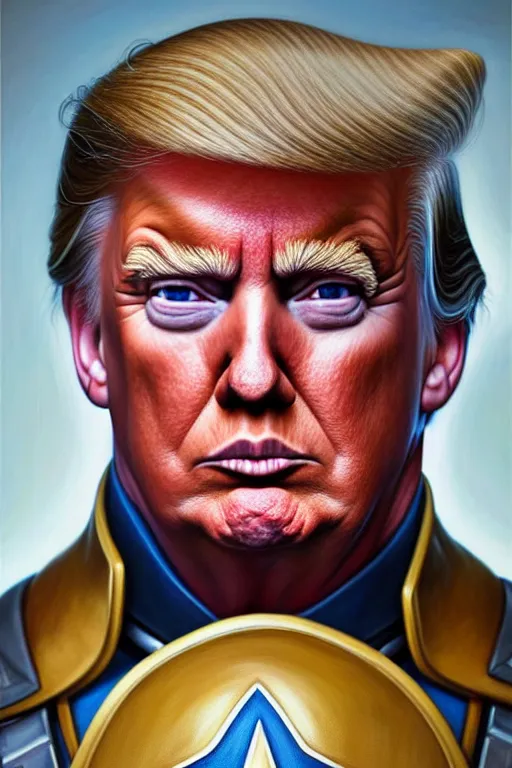 Image similar to hyperrealistic painting of Donald Trump as Captain America, D&D, fantasy, photorealism, accurate depiction, intricate, elegant, highly detailed, digital painting, post processing, extremely detailed, face symmetry, artstation, concept art, matte, smooth, sharp focus, illustration, art by Artgerm and Greg Rutkowski and Alphonse Mucha, oil painting, 8k