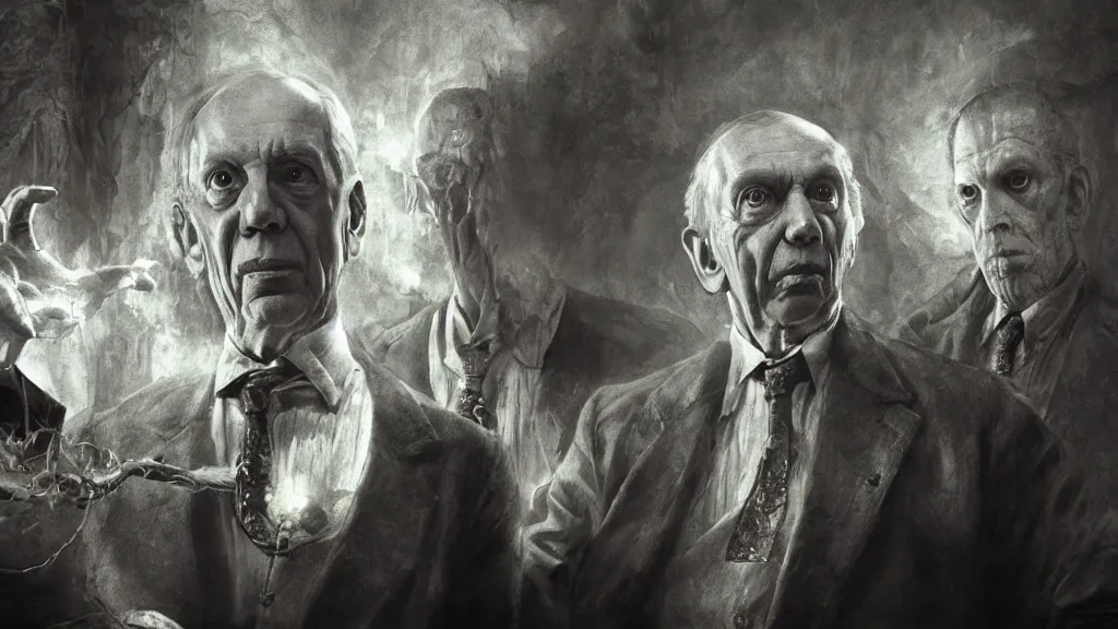 Image similar to Jorge Luis Borges and Howard Phillips Lovecraft with eldritch beings in his hand, 8K, concept art, filmic, HDR, hyperrealism, volumetric lighting, horror, Dark art