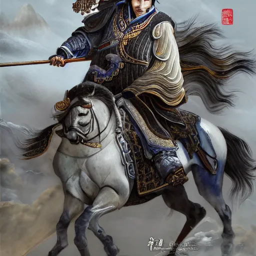 Image similar to dynamic composition, motion, ultra-detailed, incredibly detailed, a lot of details, amazing fine details and brush strokes, colorful and grayish palette, smooth, HD semirealistic anime CG concept art digital painting, watercolor oil painting of a Tang Ming dynasty chinese tao fantasy general wearing armor, from Three Kingdoms, by a Chinese artist at ArtStation, by Huang Guangjian, Fenghua Zhong, Ruan Jia, Xin Jin and Wei Chang. Realistic artwork of a Chinese videogame, gradients, gentle an harmonic grayish colors