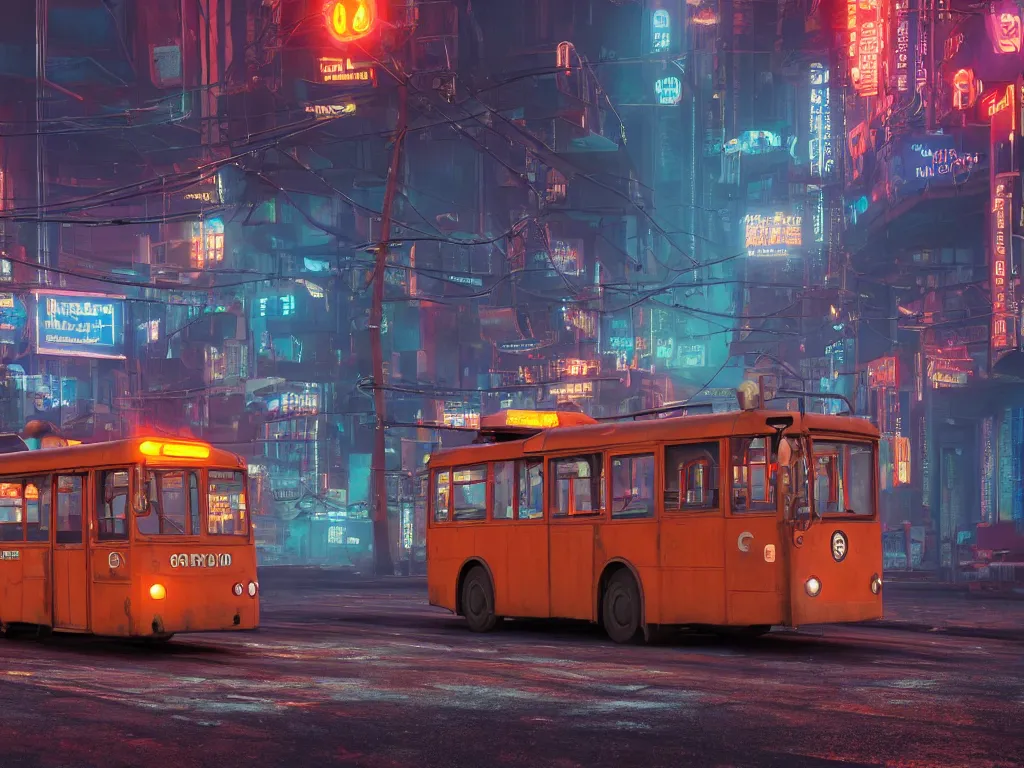 Prompt: an old shabby orange trolleybus stands at a stop on the other planet, headlights shine with neon light, in the background in the distance the earth, atmospheric, futuristic, cyberpunk, ray tracing global illumination, 8 k resolution, ultra detailed