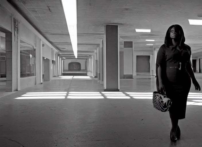 Prompt: cinematic shot of octavia spencer in an abandoned mall, iconic scene from the paranoid thriller sci fi film directed by stanley kubrick, 2 4 mm anamorphic lens, moody strange cinematography, beautiful composition, color theory, leading lines, photorealistic, moody volumetric lighting