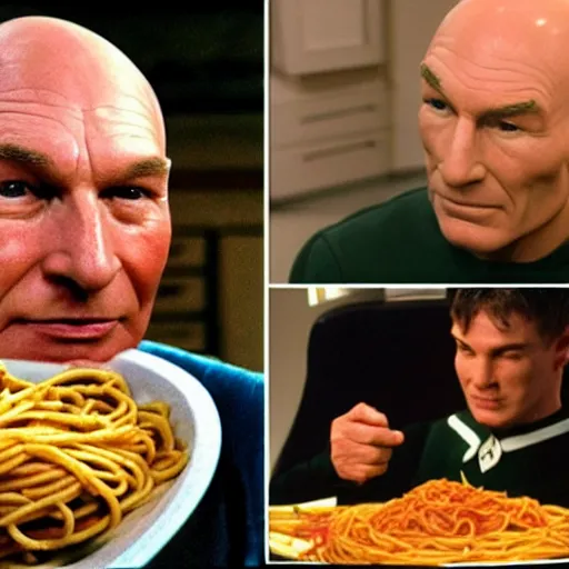 Image similar to captain picard eats spaghetti photo realistic