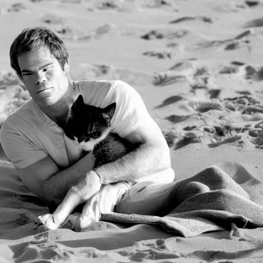 Image similar to dexter morgan snuggling a kitten on the beach in miami high resolution award winning photo