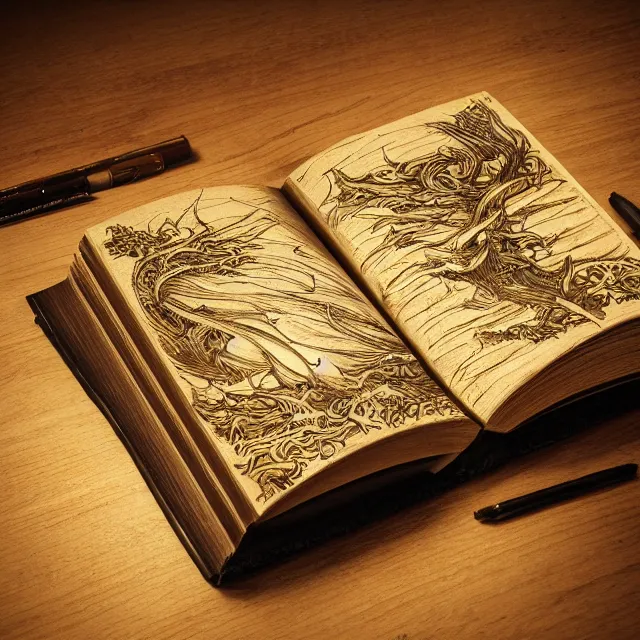 Image similar to a glowing open book laying on a wooden desk, fantasy concept art, fantasy book cover, highly detailed, intricate drawing