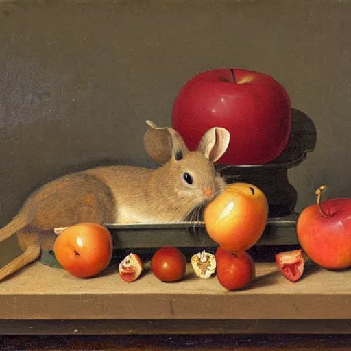 Image similar to a still life painting of various types of fruit and a dead rabbit on top of a wooden table with two mice eating an apple under the table, painting in the style of the dutch school, painting by melchior d'hondecoeter