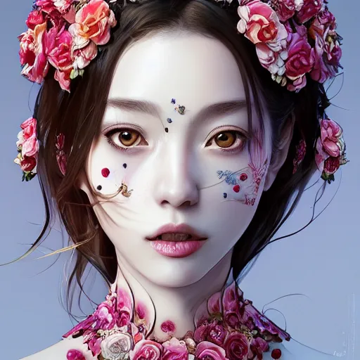 Image similar to the portrait of an absurdly beautiful, graceful, elegant, sophisticated, fashionable realistic anime woman made of strawberries and white petals with tears, an ultrafine hyperdetailed illustration by kim jung gi, irakli nadar, intricate linework, bright colors, octopath traveler, final fantasy, unreal engine 5 highly rendered, global illumination, radiant light, detailed and intricate environment