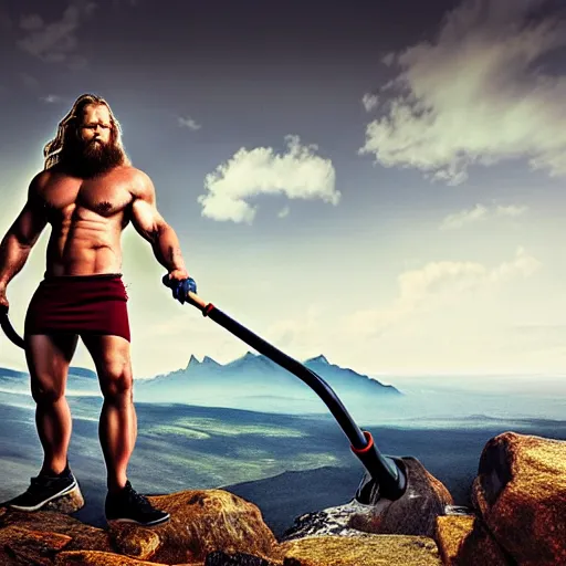 Prompt: muscular viking vacuuming on the top of a mountain, 4 k, very detailed, direct gaze, oil painting, face accuracy, dramatic lighting, dark vibrant colors