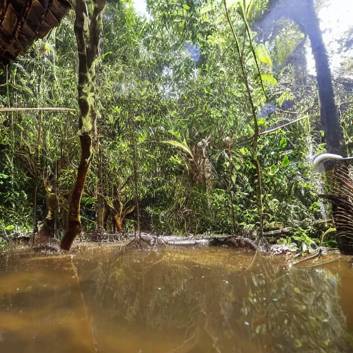 Image similar to pristine bath filled with bubbles in a clearfelled jungle, slash and burn, deforestation