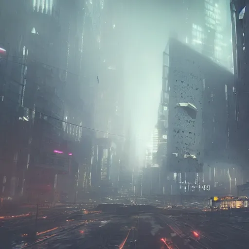 Image similar to an abandoned dystopian cyberpunk city with a bad weather and foggy sky, award winning, trending on artstation, unreal engine