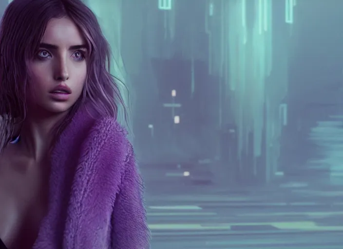 Image similar to breathtakingly beautiful Ana de Armas in blade runner 2049, long flowing hair, laser cannon, 8k, trending on artstation, unreal engine, purple neon, green rain