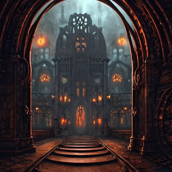 Image similar to steam necropolis, memento mori, gothic, neo - gothic, art nouveau, hyperdetailed copper patina medieval icon, stefan morrell, philippe druillet, ralph mcquarrie, concept art, steampunk, unreal engine, detailed intricate environment, octane render, moody atmospherics, volumetric lighting, ultrasharp, ominous, otherworldly