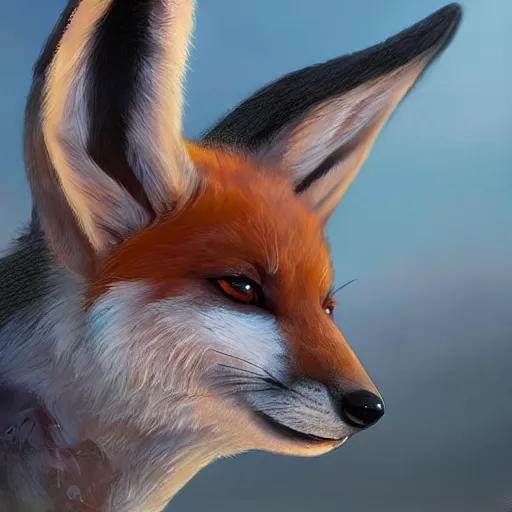 Image similar to matte painting of a fenec fox with bunny ears, close portrait, super detailed, 8 k hdr, by greg rutkowski, trending on artstation