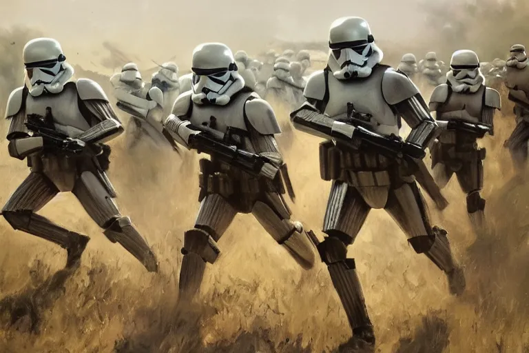 Prompt: Intense vibrant film still of star wars storm trooper infantry charging across a battlefield, WW2 Normandy Foy Arnhem 1944, oil painting by John Singer Sargent, Adrian Smith, Greg Rutkowski, Trending on Artstation