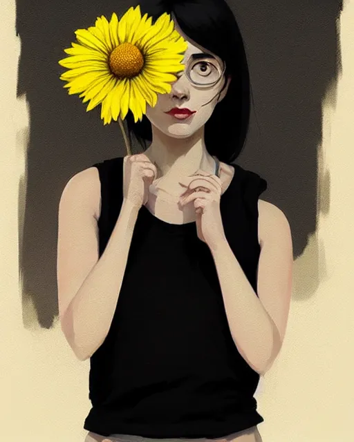 Image similar to cottagecore hyper - realistic portrait of a woman in black sleeveless t - shirt, black hair, persian daisy, by atey ghailan, by greg rutkowski, by greg tocchini, by james gilleard, by joe fenton, by kaethe butcher, dynamic lighting, gradient light yellow, brown, blonde cream and white color scheme, grunge aesthetic