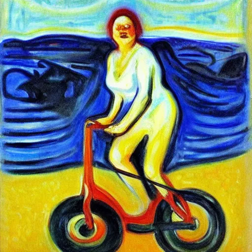 Image similar to Erna Solberg rising a unicycle oil canvas paining by Edvard Munch