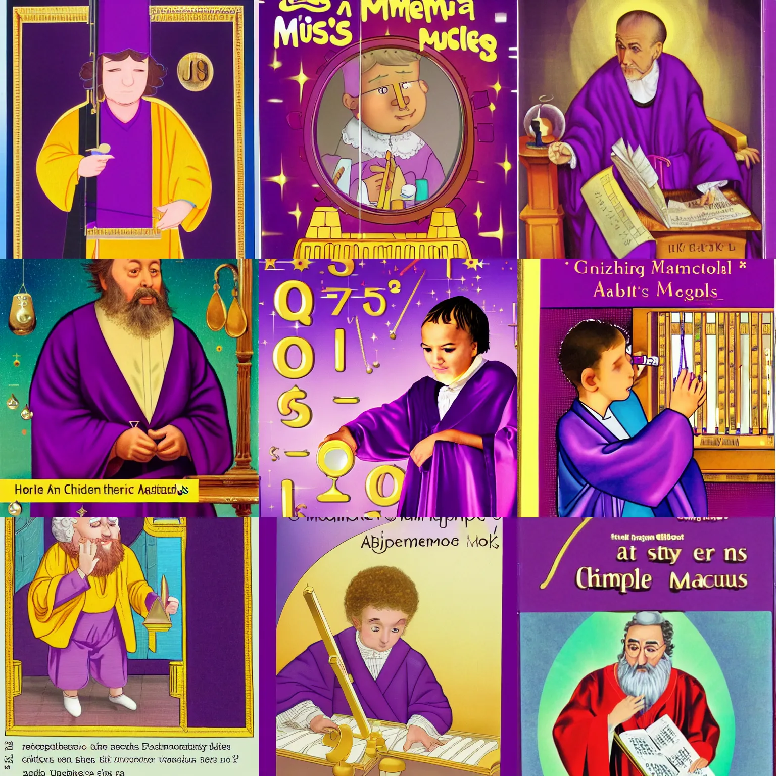 Prompt: a mathematical empirical philosopher with a purple robe and gold lining, holding an abacus, looking into a shiny metal mirror, on the cover of an Usborne children's book.