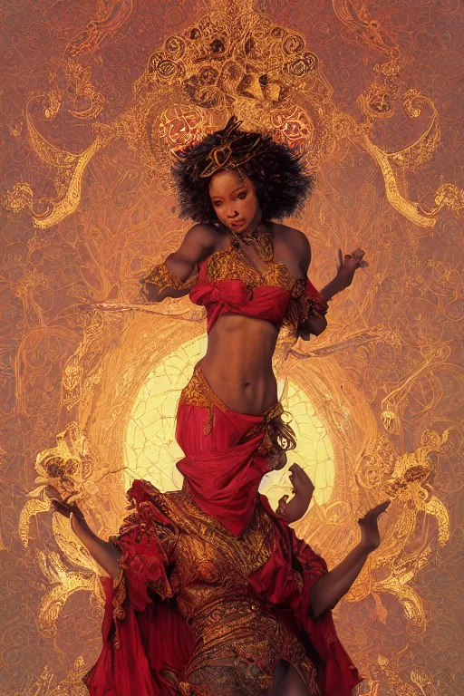 Prompt: tarot card artstation, portrait of a nigerian love dancer, sunrise, baroque ornamnet and rococo ornament, ancient chinese ornate, hyperdetailed, beautiful lighting, craig mullins, mucha, klimt, yoshitaka amano, red and gold and orange color palatte