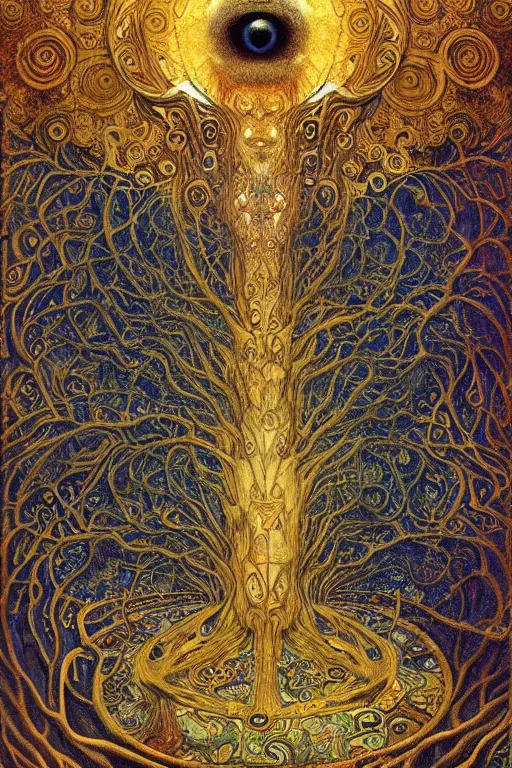 Prompt: Tree of Life by Karol Bak, Jean Deville, Gustav Klimt, and Vincent Van Gogh, mysterious portrait of sacred geometry, Surreality, radiant halo, otherworldly, enigma, fractal structures, celestial, arcane, ornate gilded medieval icon, third eye, spirals