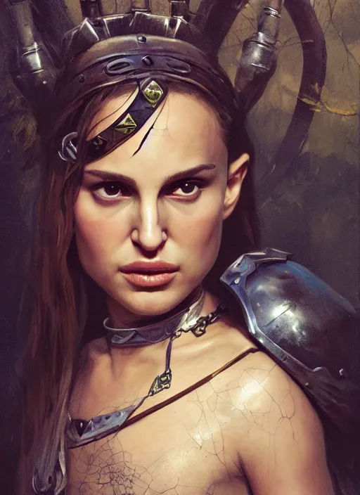 Image similar to young natalie portman, legendary warrior, fighter, lord of the rings, tattoos, decorative ornaments, battle armor, carl spitzweg, ismail inceoglu, vdragan bibin, hans thoma, greg rutkowski, alexandros pyromallis, cute, perfect face, detailed, sharply focused, centered, rule of thirds, photorealistic shading