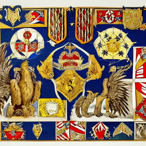 Prompt: Coat of Arms, featuring octagonal shield, eagles, emus, cats and dogs, gothic decorations, Southern Cross, symmetrical