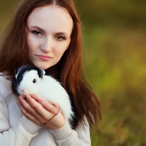 Image similar to Caucasian white girl holding her dark brown guinea pig, out in the wilderness at morning, trending on artstation, artstationHQ, artstationHD, photorealistic imagery.