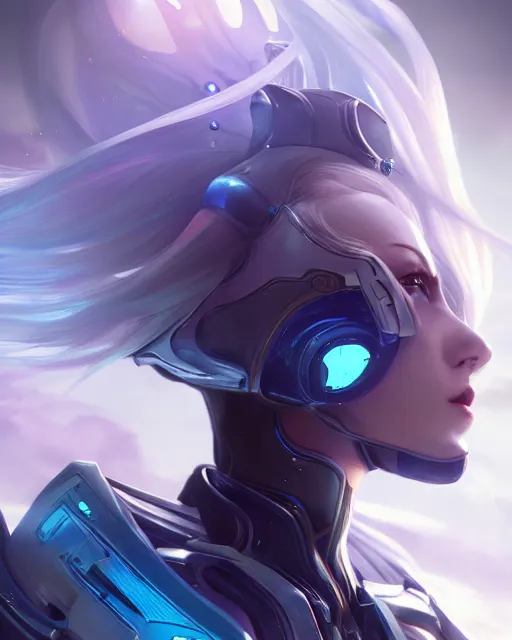 Image similar to perfect android girl on a mothership, warframe armor, beautiful face, scifi, futuristic, galaxy, nebula, raytracing, dreamy, long white hair, blue cyborg eyes, sharp focus, cinematic lighting, highly detailed, artstation, divine, by gauthier leblanc, kazuya takahashi, huifeng huang