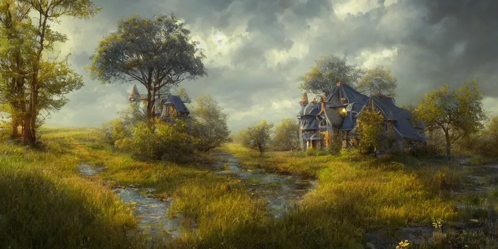 Prompt: by Greg Rutkowski and thomas kinkaid, beautiful landscape fantasy house with a path and blue and yellow flowers and intricate twisted trees, grass, pond, cloudy sky, summer, Trending on artstation