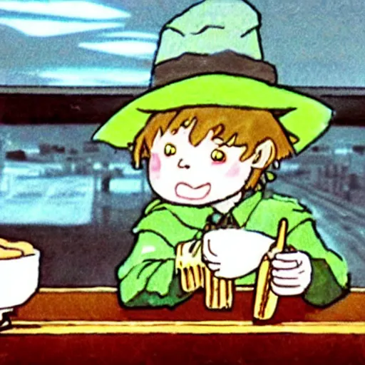 Image similar to cctv footage of snufkin eating ice cream