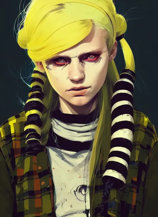 Image similar to highly detailed closeup portrait of a sewer punk pretty swedish female road warrior student, tartan garment, blonde hair pigtails with headband by atey ghailan, by greg rutkowski, by greg tocchini, by james gilleard, by joe fenton, by kaethe butcher, gradient yellow, black, brown and white color scheme, grunge aesthetic!!! white graffiti tag wall background