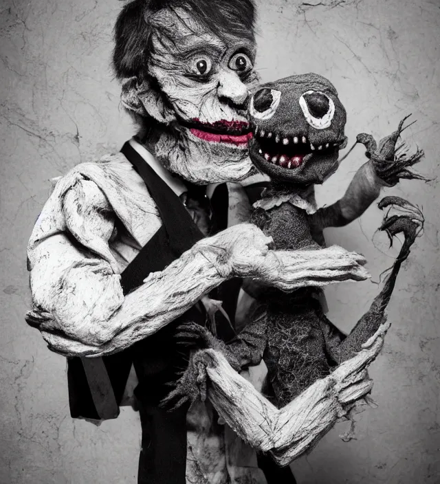 Image similar to hyper realistic photography of dead ventriloquist with terrific monster wooden puppet