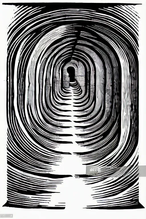 Prompt: spiraling tunnel of bookshelves, art by james o barr and albrecht durer, surreal woodcut engraving, black and white, vector, vector art