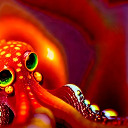 Image similar to fiery whimsical emotional eyes cephalopod, in a photorealistic macro photograph with shallow dof