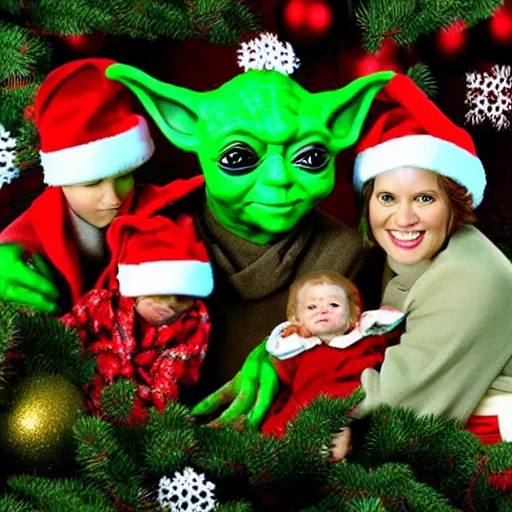 Image similar to Yoda christmas family photo, 4k, ultra detail