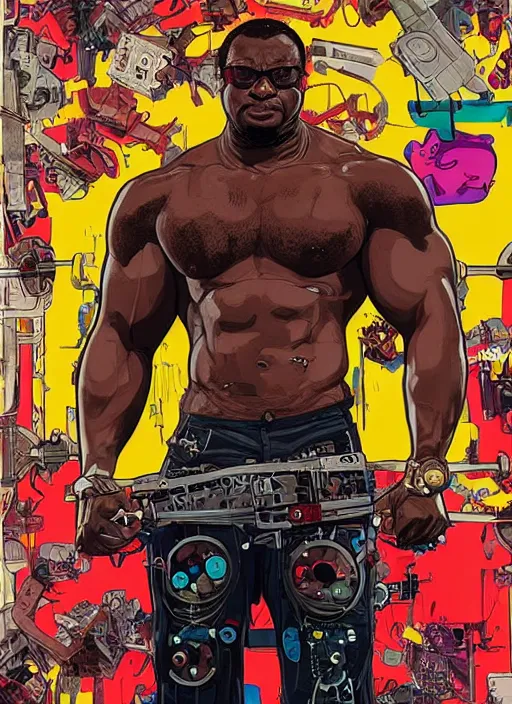 Image similar to chidi igwe. buff cyberpunk weight lifter. robotic arm. portrait illustration, pop art, splash painting, art by geof darrow, ashley wood, alphonse mucha, makoto shinkai ( apex legends )