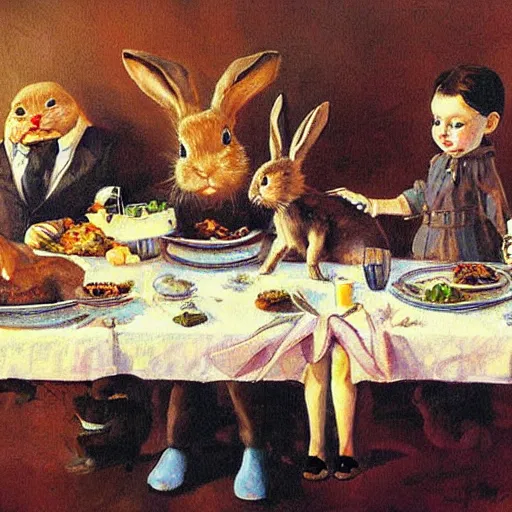 Prompt: Bunny Family Dinner painting by Gurney