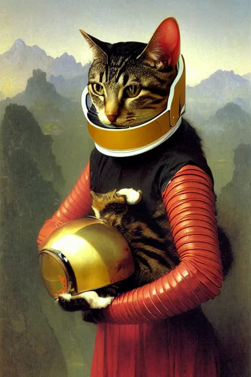 Image similar to portrait of a cat astronaut with chinese dragon armor and helmet, majestic, solemn, by bouguereau