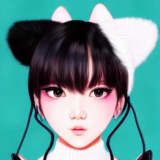 Image similar to realistic beautiful gorgeous natural cute Blackpink Lalisa Manoban black hair cute fur black cat ears, wearing white camisole, headphones, black leather choker artwork drawn full HD 4K highest quality in artstyle by professional artists WLOP, Taejune Kim, Guweiz on Pixiv Artstation