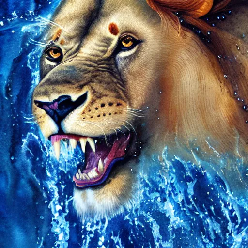 Image similar to a male lion's face breaching through a wall of water, water sprites, splashing, deep blue water color, highly detailed